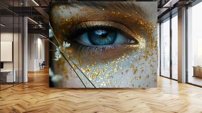 Close-up of a woman's eye adorned with gold shimmer and delicate flowers Wall mural