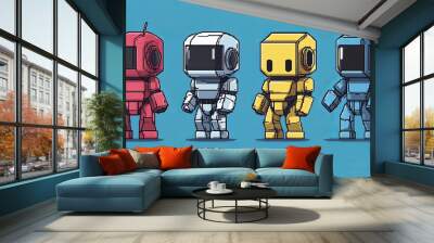 Four colorful retro robots standing on a vibrant blue background Wall mural