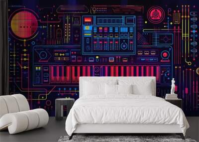 Neon Synth Keyboard and Audio Mixer Wall mural