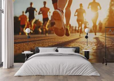 Runners Compete During Sunset in a City Marathon Event Wall mural