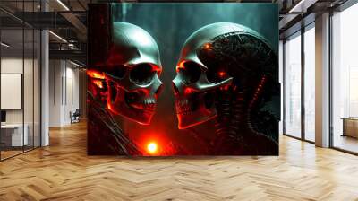 Two skulls with glowing eyes stand facing each other in a dark room with red light coming from behind them, biomechanics, cyberpunk art, gothic art. Generative AI, generative, AI Wall mural