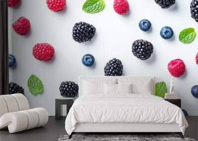 A beautiful arrangement of fresh blueberries, raspberries, and blackberries on a white background. Perfect for health food themes and berry lovers. Generative AI Wall mural