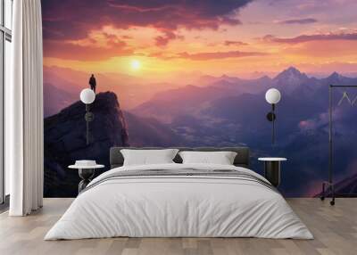 A breathtaking sunset over majestic mountains. A lone figure contemplates the beauty of nature. Perfect for travel or inspiration. Generative AI Wall mural