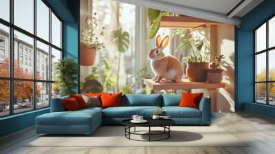 A charming rabbit sits on a wooden shelf surrounded by vibrant green plants. The sunlight creates a warm atmosphere. Perfect for nature lovers and animal enthusiasts. Generative AI Wall mural