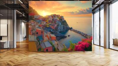 A colorful village by the sea at sunset. Vibrant colors and stunning views create a serene atmosphere. A beautiful coastal scene ideal for travel lovers. Generative AI Wall mural