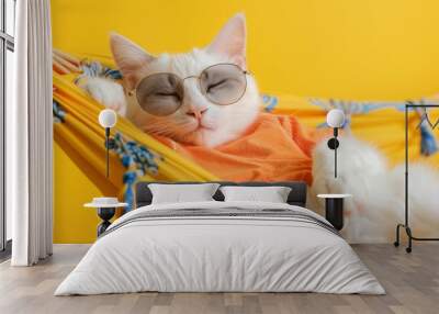 A cute white cat relaxes in a colorful hammock. Sunlight shines on its playful face. It wears stylish sunglasses and a vibrant shirt. A fun and joyful image. Generative AI Wall mural