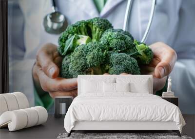 A doctor holds fresh broccoli to emphasize healthy eating. Nutrition is vital for wellness. This image showcases the importance of vegetables in our diet. Generative AI Wall mural