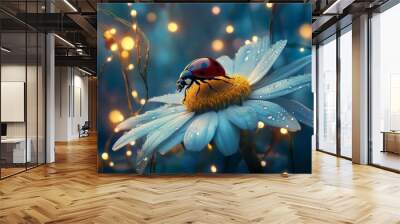 A ladybug rests on a vibrant daisy under soft glowing lights. The scene creates a dreamy and enchanting atmosphere. Nature comes alive in subtle beauty. Generative AI Wall mural