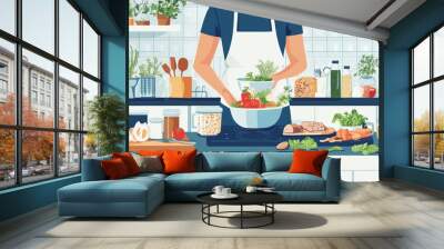 A person prepares a healthy meal in the kitchen. Fresh ingredients and vibrant colors show a love for cooking. This illustration highlights home cooking skills. Generative AI Wall mural