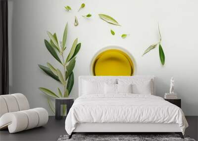 A pristine bowl of olive oil sits on a light surface surrounded by fresh olive leaves. This image captures the essence of nature and culinary elegance. Generative AI Wall mural