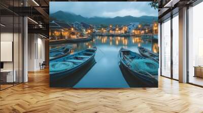 A serene evening on the river with wooden boats gently floating. The lights from nearby houses reflect on the water creating a peaceful atmosphere. Generative AI Wall mural