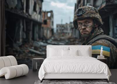 A soldier stands amidst a war-torn urban landscape. Worn buildings and rubble surround him. The scene is somber and intense, capturing a moment of conflict and resilience. Generative AI Wall mural