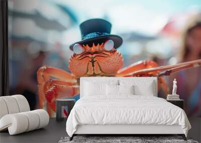 A whimsical crab wearing a stylish hat stands confidently at the beach. This playful scene captures the joy of summer and fun. Perfect for lighthearted moments. Generative AI Wall mural