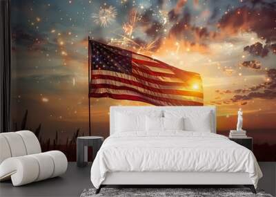 American flag flying at sunset with fireworks in the sky. The warm orange light of the setting sun fills the scene. Perfect for patriotic celebrations and events stock images. Generative AI Wall mural