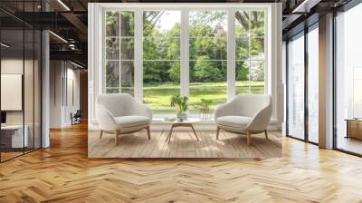 Bright and inviting living space with two cozy chairs by a large window. Nature outside adds life and serenity. Perfect for relaxation and inspiration. Generative AI Wall mural