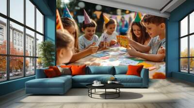 Children gather around a table for a colorful birthday celebration. They create beautiful crafts with paper and smiles. A joyful moment captured in vibrant colors. Generative AI Wall mural