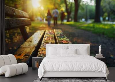 Close-up of a wooden bench with colorful puzzle pieces in a sunny park at golden hour. People walking in the background. Conceptual image of connection and relaxation. Generative AI Wall mural