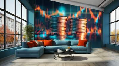 Close-up of stacked coins against colorful financial charts. This image captures the essence of investment and growth in finance. Focus on the value and strategy involved. Generative AI Wall mural