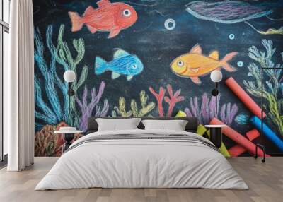 Colorful chalk drawing of fish swimming in a vibrant underwater scene. Bright colors are combined with seaweed and coral. Artistic expression captures ocean life. Generative AI Wall mural