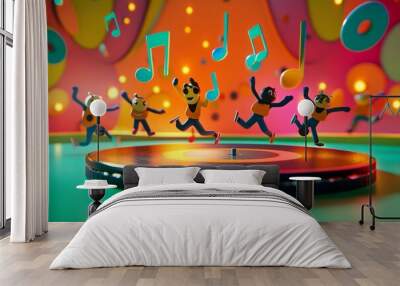 Colorful dancing figures celebrate music on a vibrant stage. Joyful, playful art style brings life to the scene. Perfect for music related themes and creative projects. Generative AI Wall mural