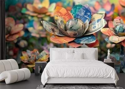 Colorful flowers made from money create a vibrant garden scene. This unique artwork blends finance and nature in a striking visual style. Generative AI Wall mural