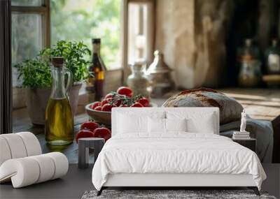 Fresh ingredients on a rustic table. A loaf of bread rests beside ripe tomatoes and aromatic herbs. Perfect for cooking or food photography. Generative AI Wall mural