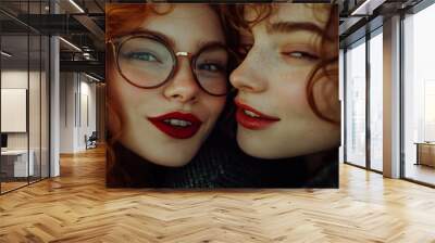 Joyful connection and friendship between two young women. They share laughter and beauty with vibrant red lips and curls. A moment of warmth and joy. Generative AI Wall mural