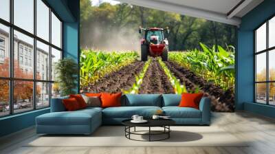 Red tractor plowing a lush green farm field with young crops in rows. Ideal for agricultural advertisements or farming blogs. Vivid colors and clear details make this an attractive image Wall mural