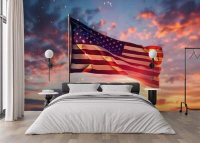 Stunning American Flag Image with Vivid Sky Background. Vibrant sunset creates a dramatic scene. Suitable for patriotic themes and inspirational purposes. Generative AI. Wall mural