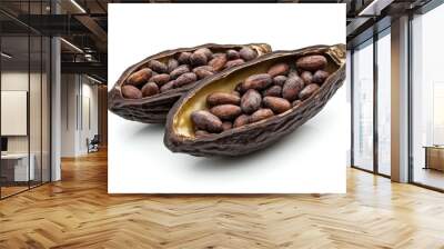 Two cacao pods reveal rich, roasted cocoa beans. These organic treasures are the key to chocolate-making. Celebrate the beauty of natural ingredients. Generative AI Wall mural