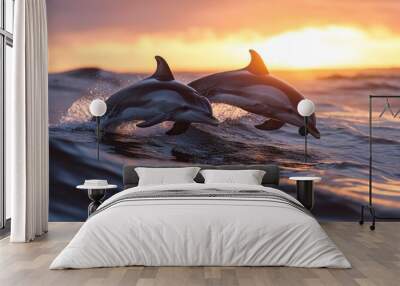 Two dolphins leap above the ocean waves during a beautiful sunset. The image captures their playful nature and the serene environment of the ocean. Generative AI Wall mural