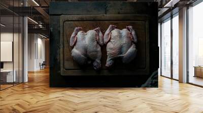 Two fresh whole chickens laid on a wooden cutting board. The scene captures a rustic kitchen style. Ideal for culinary blogs and recipe collections. Generative AI Wall mural