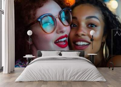 Two young women pose together, smiling brightly in a vibrant setting. Their playful energy captures the essence of friendship and joy. A colorful and lively atmosphere. Generative AI Wall mural