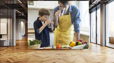 Father and son cooking in kitchen Wall mural