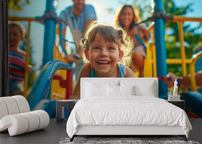 A small child plays on a slide with mom and dad. Happy family, family day Wall mural