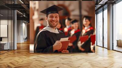 Portrait of a college graduate in a gown and hat holding a diploma of graduation at a ceremony at the university Wall mural