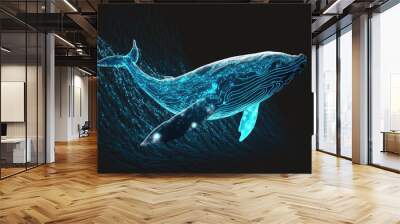 Abstract colorful illustrated neon blue whale isolated on black background. Generative AI Wall mural