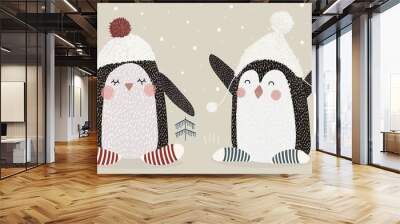 Hand drawing cute vector illustration of two happy penguins wearing hat with pompom in the winter time. Graphic elements for kids. Childish penguin for nursery, baby. Greeting card, poster, postcard. Wall mural