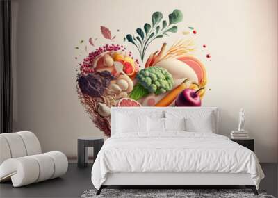 Horizontal abstract realistic illustrated love heart made of fresh vegetables and fruits isolated on a light background. Generative AI Wall mural