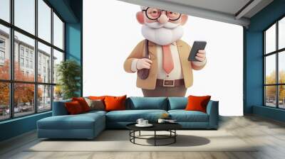 Cute old man holding a smartphone in his hands. Isolated on a white background. 3D style.
 Wall mural