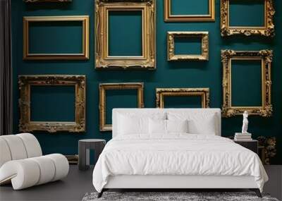 Empty golden frame on green wall
 Wall mural