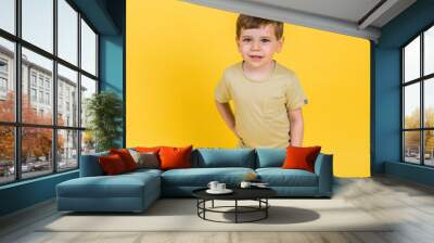 Smiling boy on yellow background
 Wall mural