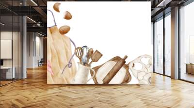 Watercolor baking background. Isolated cooking utensils. Hand drawn apron, rolling pin, whisk, spatula, dough, eggs, cookie cutters. Kitchen tools illustration. Bakery banner, frame template Wall mural