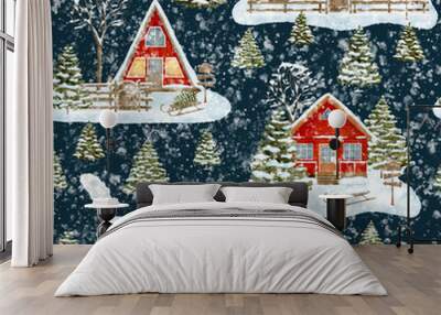 Watercolor Christmas night seamless pattern with winter houses. Hand painted snowy wood cabins, falling snow, fence and fir trees on dark blue background. Cozy village design for wrapping Wall mural