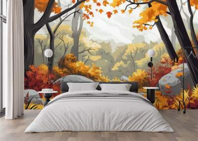 Autumn forest landscape, park, path, vector image. For decoration and design article, post about lifestyle, vacation, seasonal changes. Wall mural