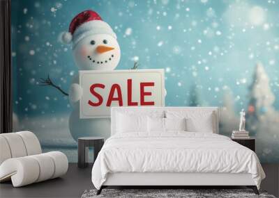 happy snowman in red scarf and hat with “Sales” sign on blue snowy background, banner, template, 3д рендеринг Wall mural