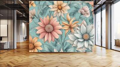 Seamless floral pattern with dahlias and daisies Wall mural