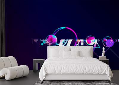 Dark retro futuristic art neon abstraction background cosmos new art 3d starry sky glowing galaxy and planets blue circles Wall mural