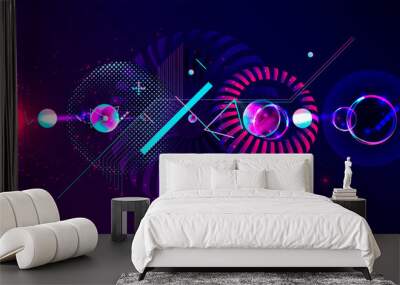 Dark retro futuristic art neon abstraction background cosmos new art 3d starry sky glowing galaxy and planets blue circles Wall mural