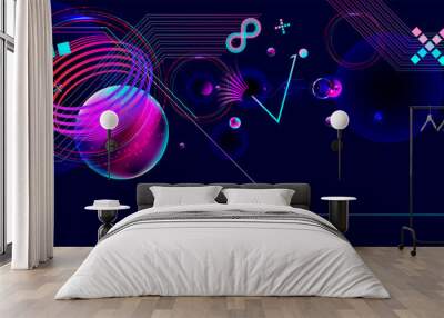 Dark retro futuristic art neon abstraction background cosmos new art 3d starry sky glowing galaxy and planets blue circles Wall mural